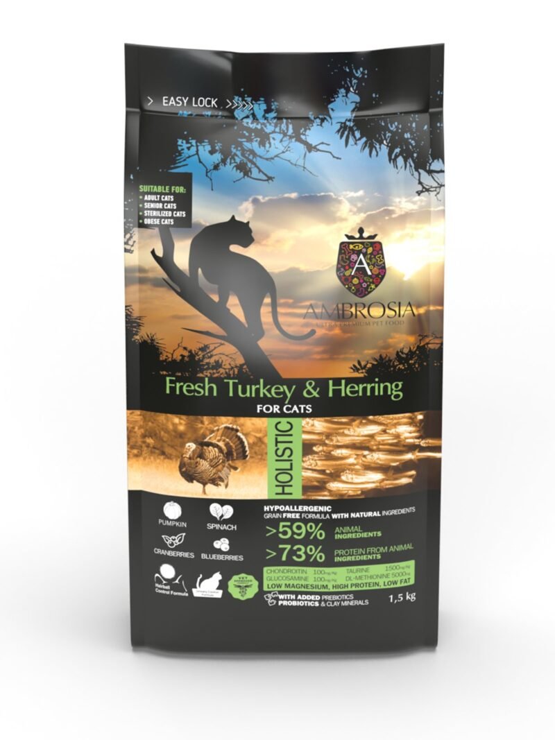 Ambrosia Sterilised Fresh Turkey & Herring – begrūdis, sterilizuotų kačių maistas su kalakutiena ir silke 1,5kg. - 5kg.