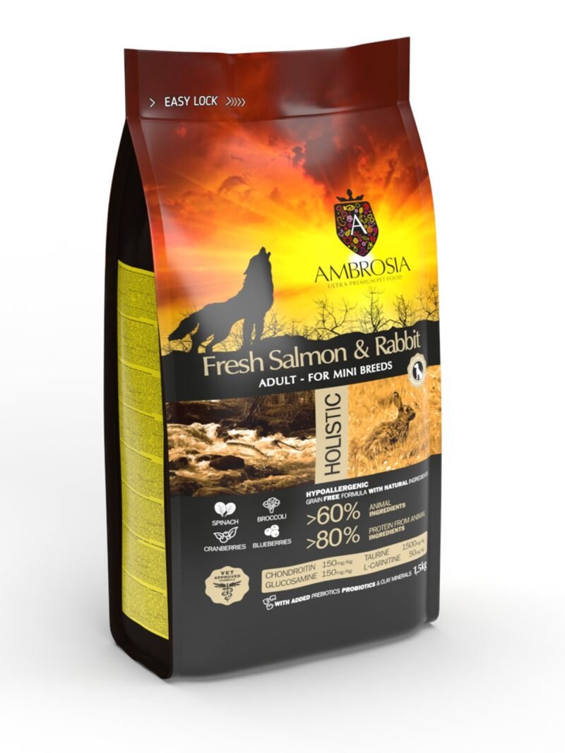 Hipoalerginis Ambrosia Grain-Free Adult Mini Fresh Salmon & Rabbit - Begrūdis Sausas Maistas Suaugusiems, Mažų Veislių Šunims 1,5kg. - 5kg — attēls 2