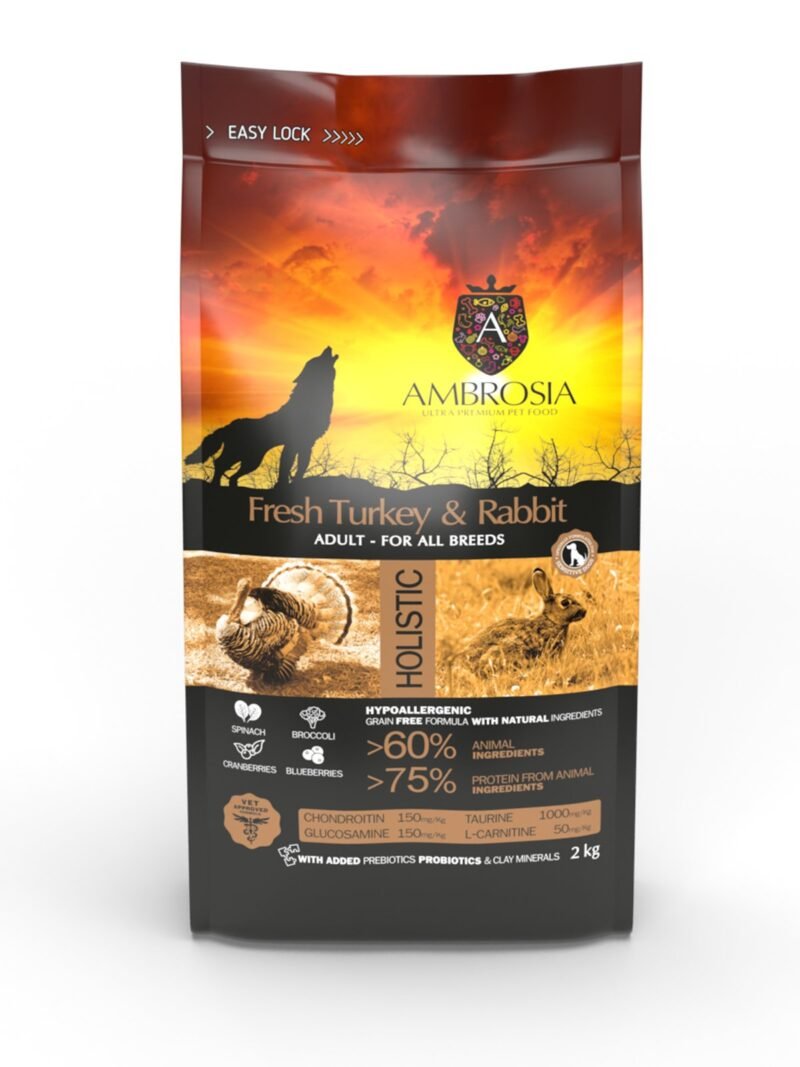 AMBROSIA grain-free Rabbit & Fresh Turkey Adult, begrūdis triušienos ir kalakutienos begrūdis sausas maistas šunims 1kg. - 12kg.