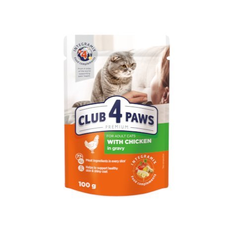 CLUB 4 PAWS PREMIUM "SU VIŠTIENA PADAŽE". PILNAVERTIS DRĖGNI PAŠARAI SUAUGUSIOMS KATĖMS 100g.