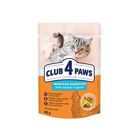 CLUB 4 PAWS PREMIUM “JAUTRUS VIRŠKINIMAS”. VISAVERTIS KONSERVUOTAS PAŠARAS SUAUGUSIOMS KATĖMS 0,80g.* 24vnt.