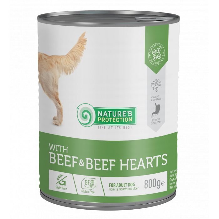 NATURE'S PROTECTION BEEF AND BEEF HEARTS KONSERVUOTAS PAŠARAS ŠUNIMS 800g